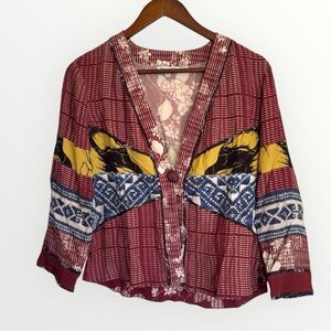 John Mark Women's Stetch Kimono Tiered Floral Jacket Red Yellow Blue Size XS